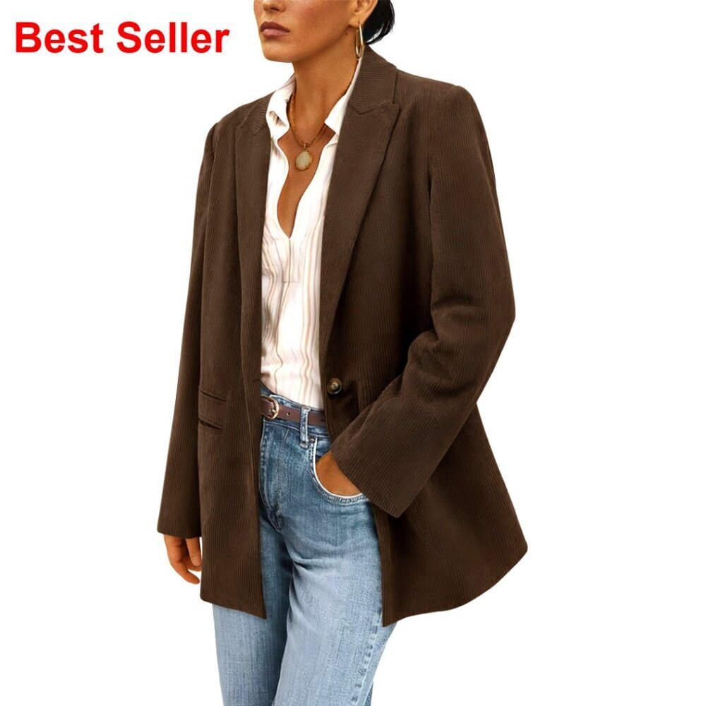 Corduroy Blazer Women's Winter Work Jacket Long Sleeve Lapel Pockets
